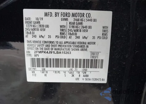 2020 Ford Edge Sel z USA, uszkodzony, nr VIN 2FMPK4J91LBA15263